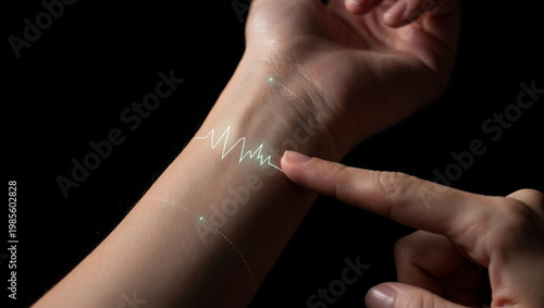 Close-up of human wrist with transparent smart patch and glowing digital circuit, health monitoring and wearable tech concept