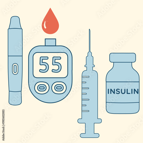 Diabetes medical equipment vector set, blood glucose monitor with insulin vial and syringe, healthcare icons for diabetic care and sugar testing