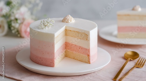 Elegant Korean-style cake with pastel pink layer, white base, airy soft-focus background