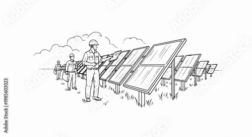 Workers inspecting a solar panel farm under a cloudy sky