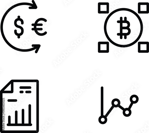 Cryptocurrency finance vector icons, currency exchange bitcoin analytics report growth chart symbols outline design set