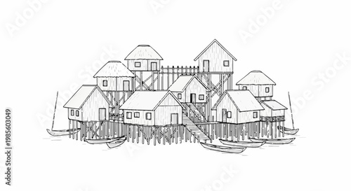 Sketch of a stilted village with thatched roofs and canoes