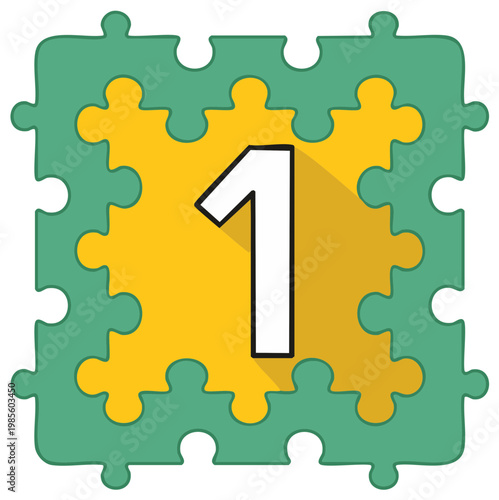 Puzzle with Number One in the Center, Numbered 1, Digit, Green and Yellow Colors