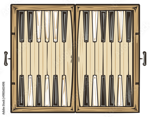 Illustration of a classic backgammon board game with white and black checkers