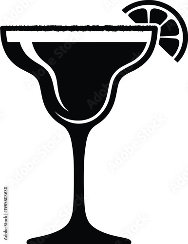 Margarita glass icon with salted rim and lemon wedge decoration for restaurant drink menu vector illustration.