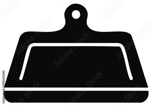 Graphic black silhouette icon of a classic dustpan, an essential household cleaning tool for daily tidying.