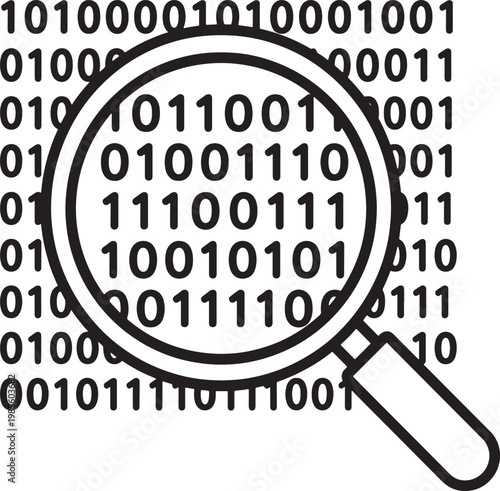 Magnifying glass over binary code on white background for data analysis