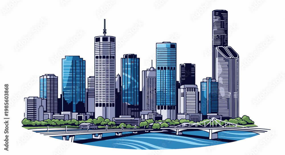 Fototapeta premium A stylized depiction of a modern city skyline with bridges over a river