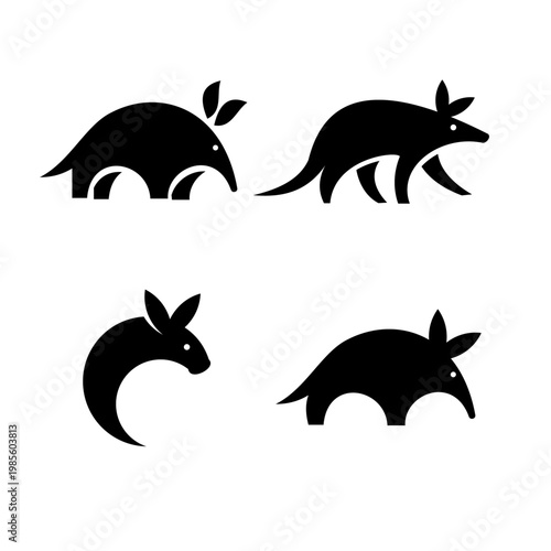Aardvark and Anteater Animal Icon Set with Stylized Black Silhouettes on White Background, ideal for Logos and Graphic Design.
