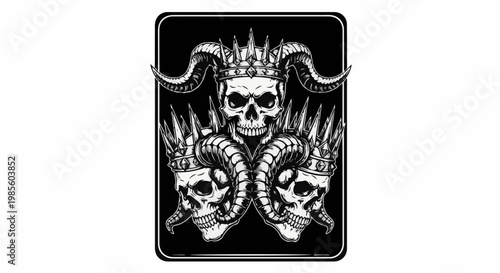 Three skulls wearing spiked crowns, central one with horns