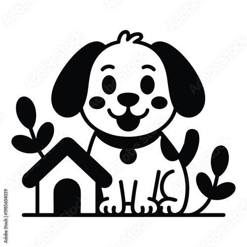 Happy cartoon dog with a collar near a stylized dog house and plants, black and white