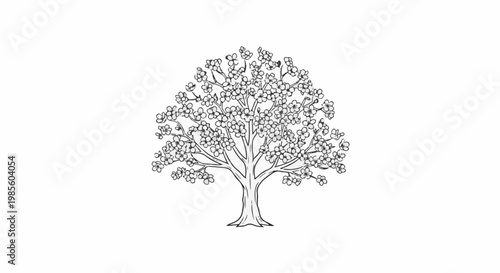 A delicate black and white sketch of a flowering tree on a plain background