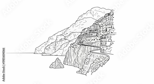 A black and white sketch of a village built on steep cliffs by the sea