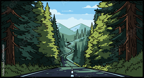Winding mountain road through a pixelated pine forest under a cloudy sky