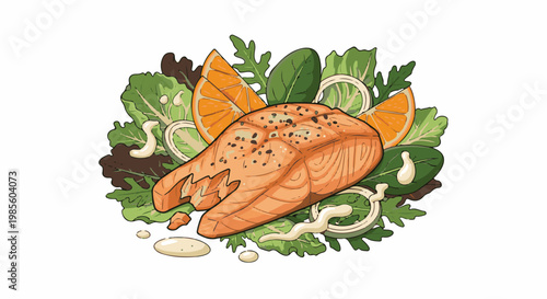 A cooked salmon fillet with orange slices and greens, drizzled with dressing