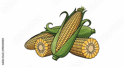 A bunch of ripe corn cobs with husks pulled back, on white