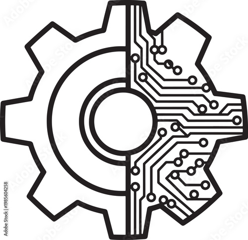 Cogwheel with electronic circuit board inside technology concept