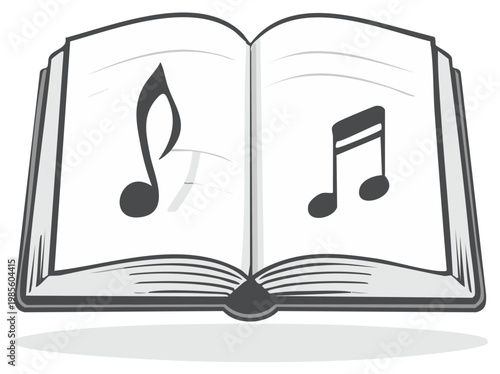 Open book with music notes illustration, musical notation, learning to play music, sheet music, musical education