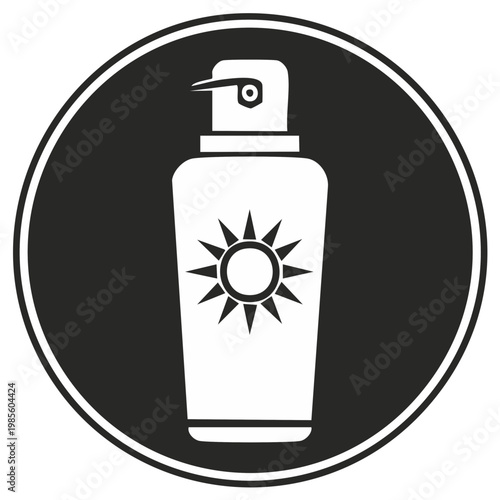 Sunscreen bottle emblem icon black and white illustration for UV protection