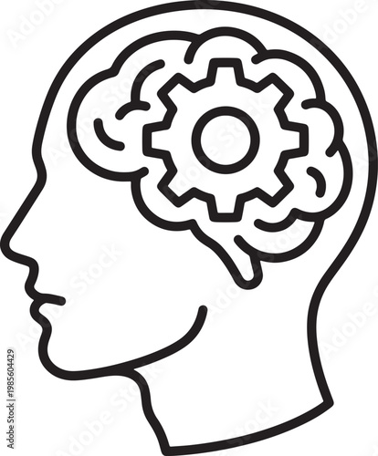 Line drawing of a human head with a gear in the brain