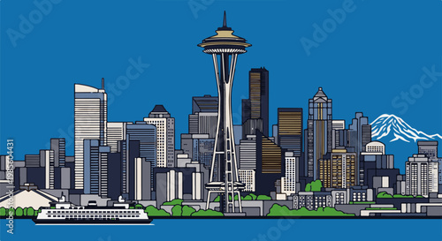 Stylized cityscape featuring a prominent tower, buildings, ferry, and distant mountain