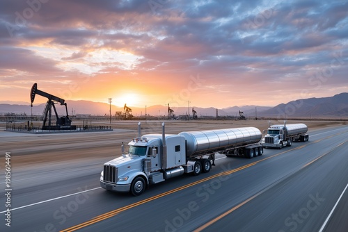 Oil transportation tanker trucks driving along a long highway through an industrial oil field with pumping units and pipelines at sunset