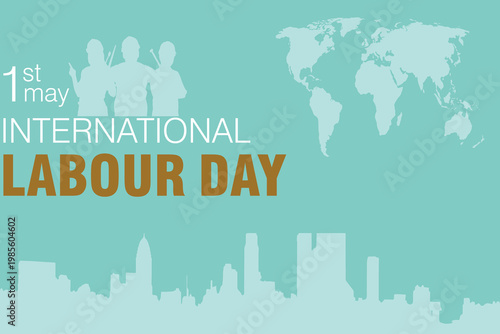 International Labour Day poster with worker silhouettes, tools, and city skyline. eps 10