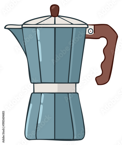 Stylized Italian Moka Pot Illustration - Stovetop Espresso Maker with Retro Aesthetic and Distinct Brown Handle