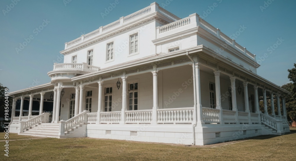 Fototapeta premium Grand white mansion on a sunny day. Large covered porch and stairs lead to entrance
