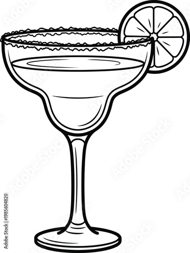 Detailed line art vector illustration of margarita glass with salted rim and lime garnish for beverage menu design art.