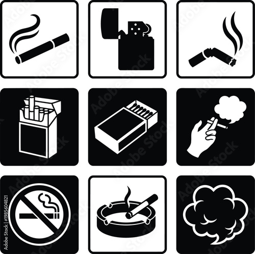 Smoking symbols and icons collection with cigarette vector illustration.