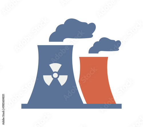 Nuclear Power Plant Flat Icon — Cooling Tower Radiation Energy Industrial Vector Illustration