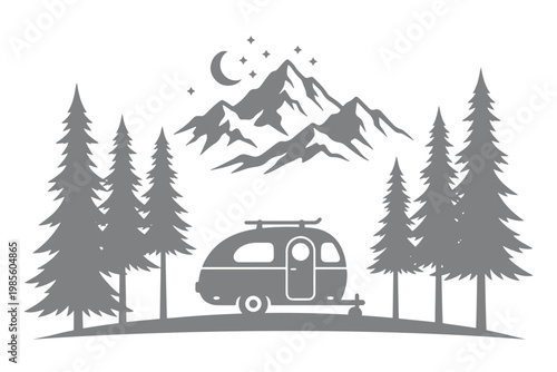 Camping Trailer Silhouette Scene — Camper Van Pine Trees Mountain Night Sky Vector Illustration