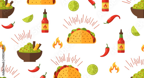 Seamless Mexican Food Pattern Background with Tacos and Avocado Illustrations, Spicy Hot Sauce and Chili Texture Design, Colorful Latin Cuisine Backdrop for Restaurant Branding