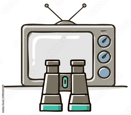 Binoculars with television watching concept cartoon style vector drawing