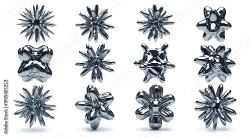 Set of 3d metallic abstract spiky shapes