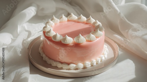 Minimal Korean cake with smooth pink icing, white cream rim, cozy daylight, dreamy vibe