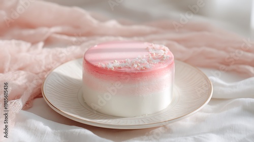 Elegant Korean-style cake, pink blush top, white edges, artistic soft lighting, minimal background