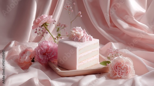 Korean minimalist cake in pastel pink and white, bright soft light, romantic poster style