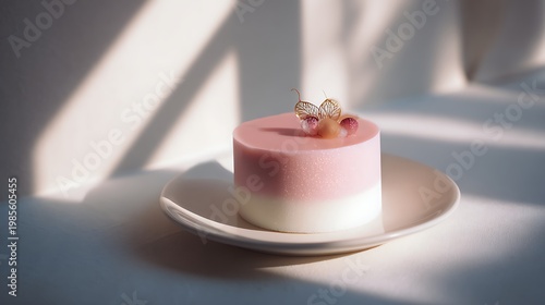 Elegant Korean-style cake, pink blush top, white edges, artistic soft lighting, minimal background