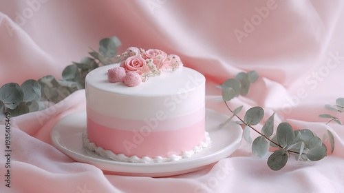 Korean minimalist cake in pastel pink and white, bright soft light, romantic poster style