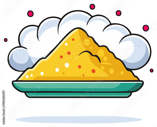Stylized illustration of a mound of yellow powder on a green plate with white clouds and red dots.