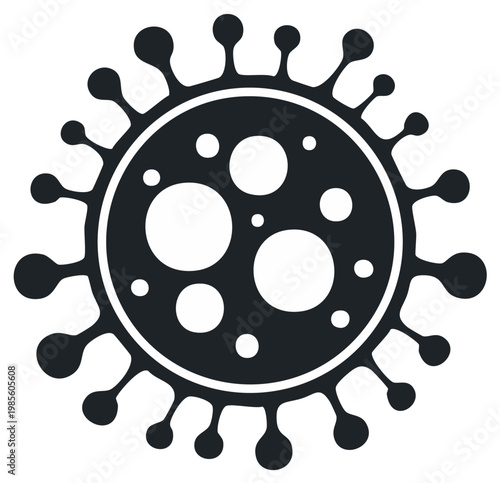 Black and white illustration of a stylized virus, featuring spikes and internal circular shapes.