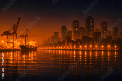City port at night with cargo ship and skyline