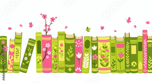 A vibrant horizontal border of green and pink books adorned with floral designs and delicate butterflies, perfect for creative projects