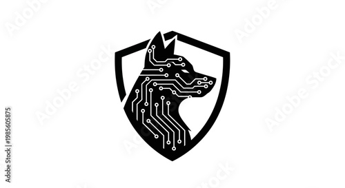 A black and white illustration of a dog's head in a shield with circuit board lines.