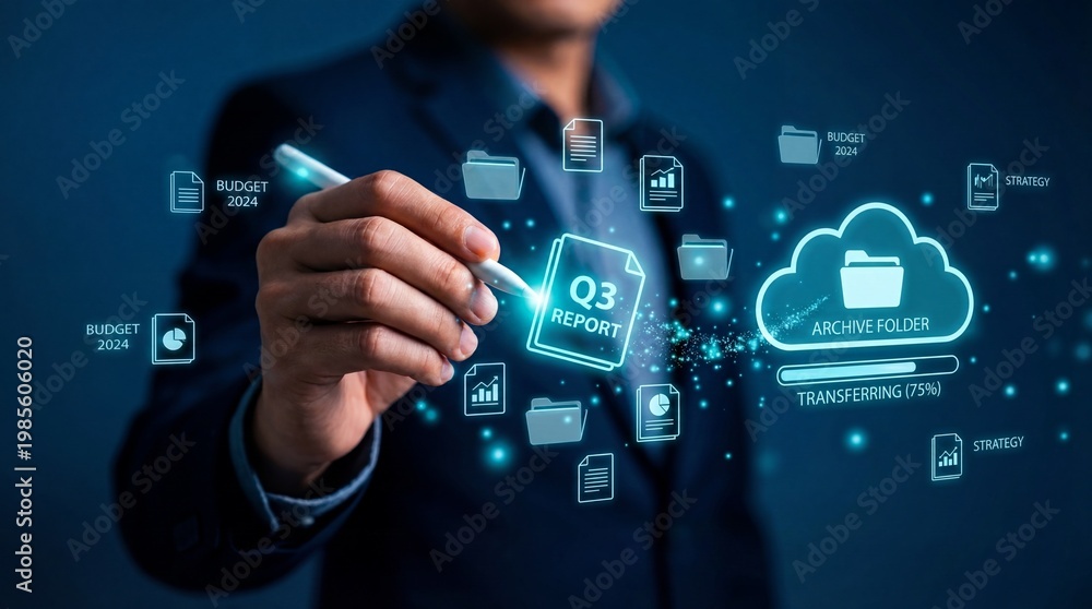 Fototapeta premium A person interacts with a virtual interface displaying digital documents, folders, and cloud storage icons, symbolizing data management and business reporting.