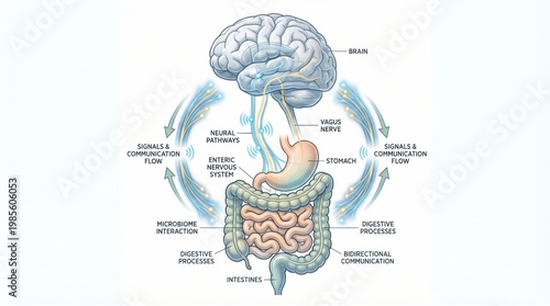 Diagram of Brain-Gut Connection Illustrating Communication Pathways and Digestive Processes for Health and Wellness Education