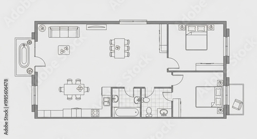 Architectural floor plan drawing of a modern apartment layout.