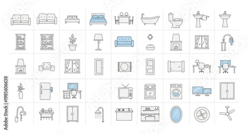 Collection of diverse furniture and home decor line art icons.